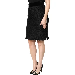 Black Wool Fringe High Waist Pencil Mini Skirt