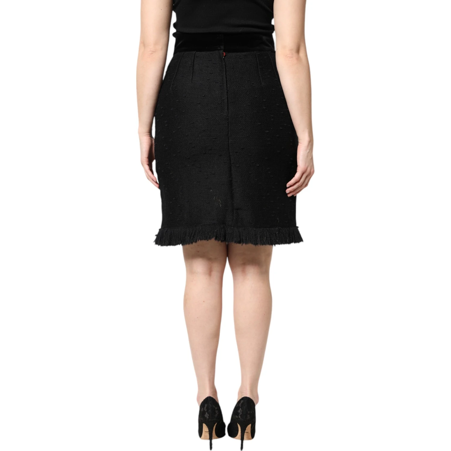 Black Wool Fringe High Waist Pencil Mini Skirt