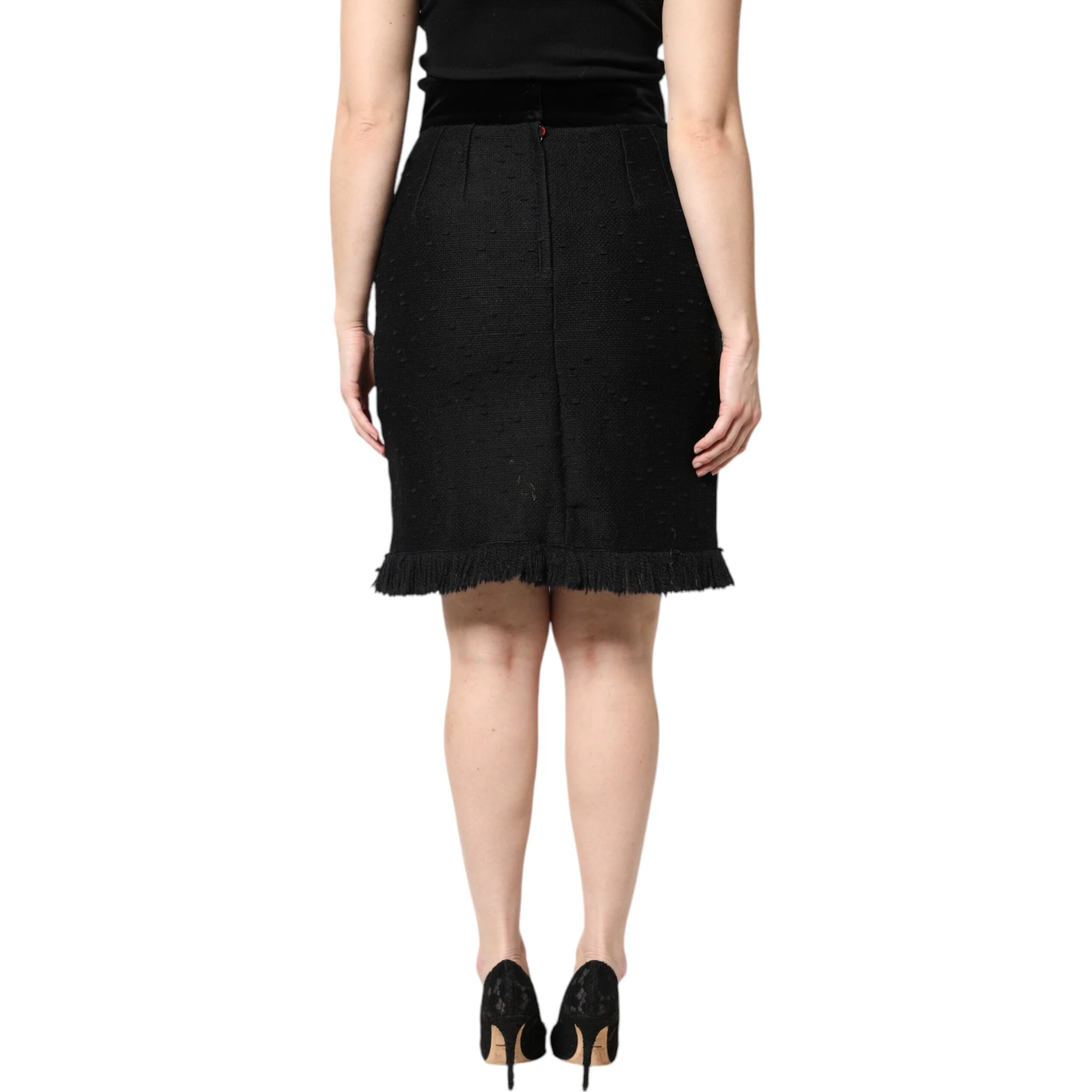 Black Wool Fringe High Waist Pencil Mini Skirt