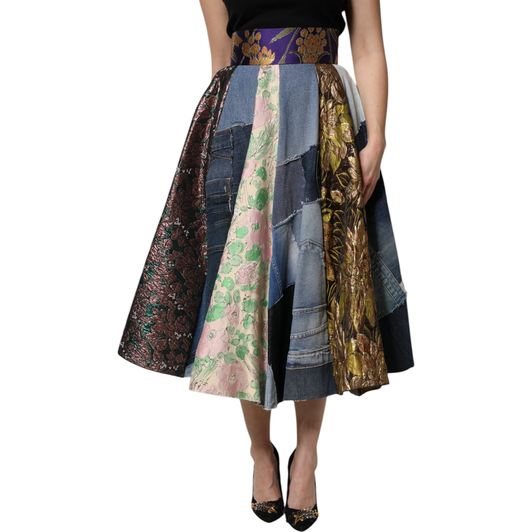 Multicolor Patchwork High Waisted Midi Skirt