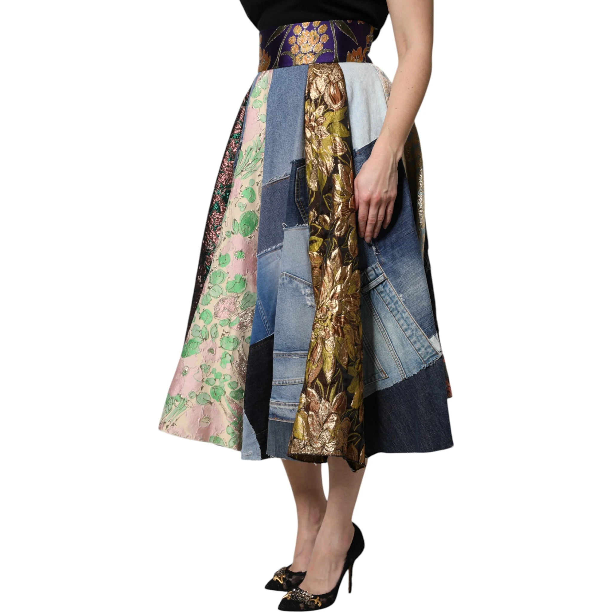 Multicolor Patchwork High Waisted Midi Skirt