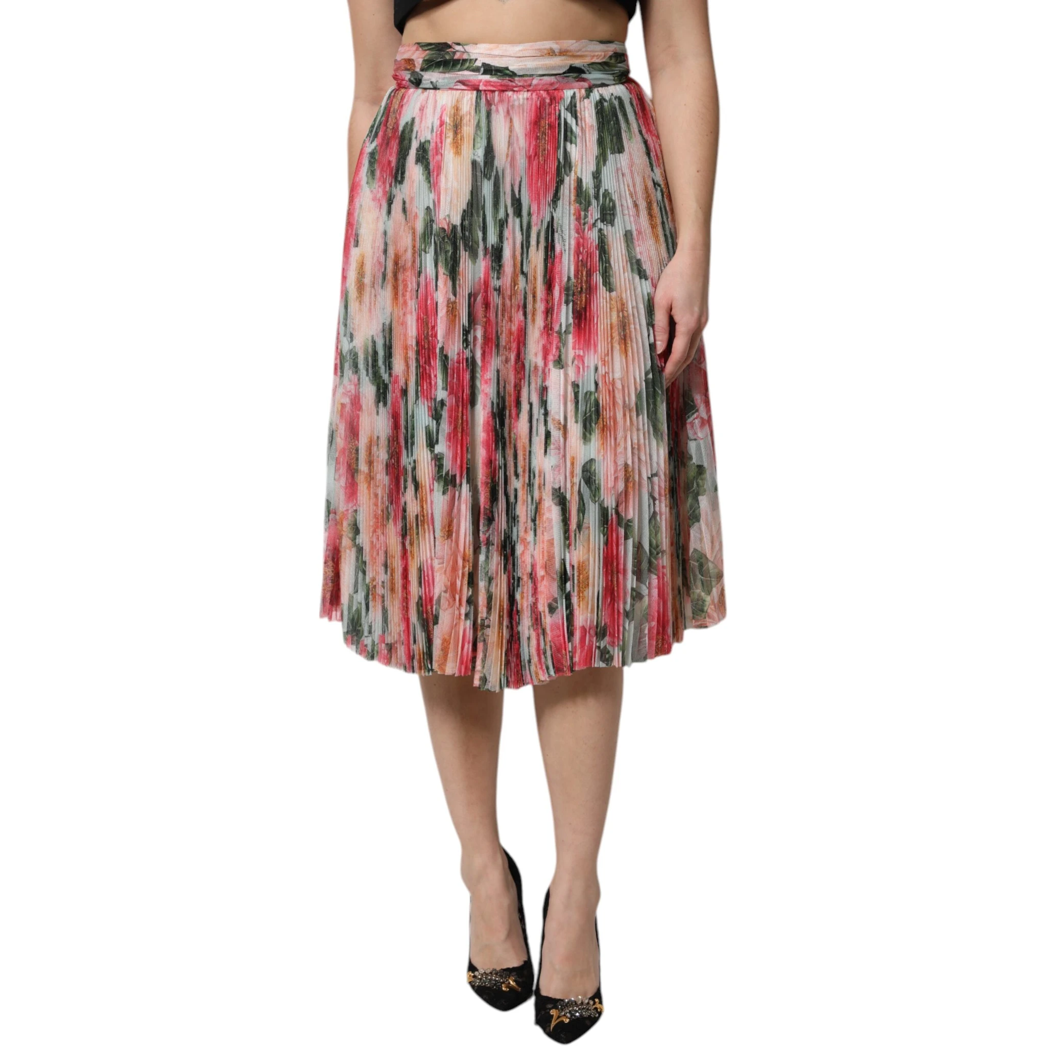 Multicolor Silk Floral High Waist Midi Skirt