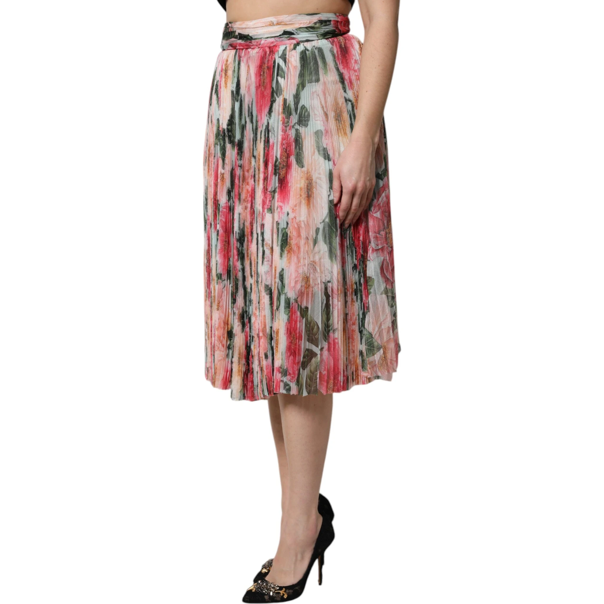 Multicolor Silk Floral High Waist Midi Skirt