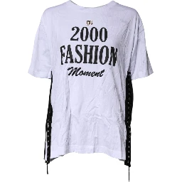 White Print Lace-Up Cotton Crew Neck T-shirt