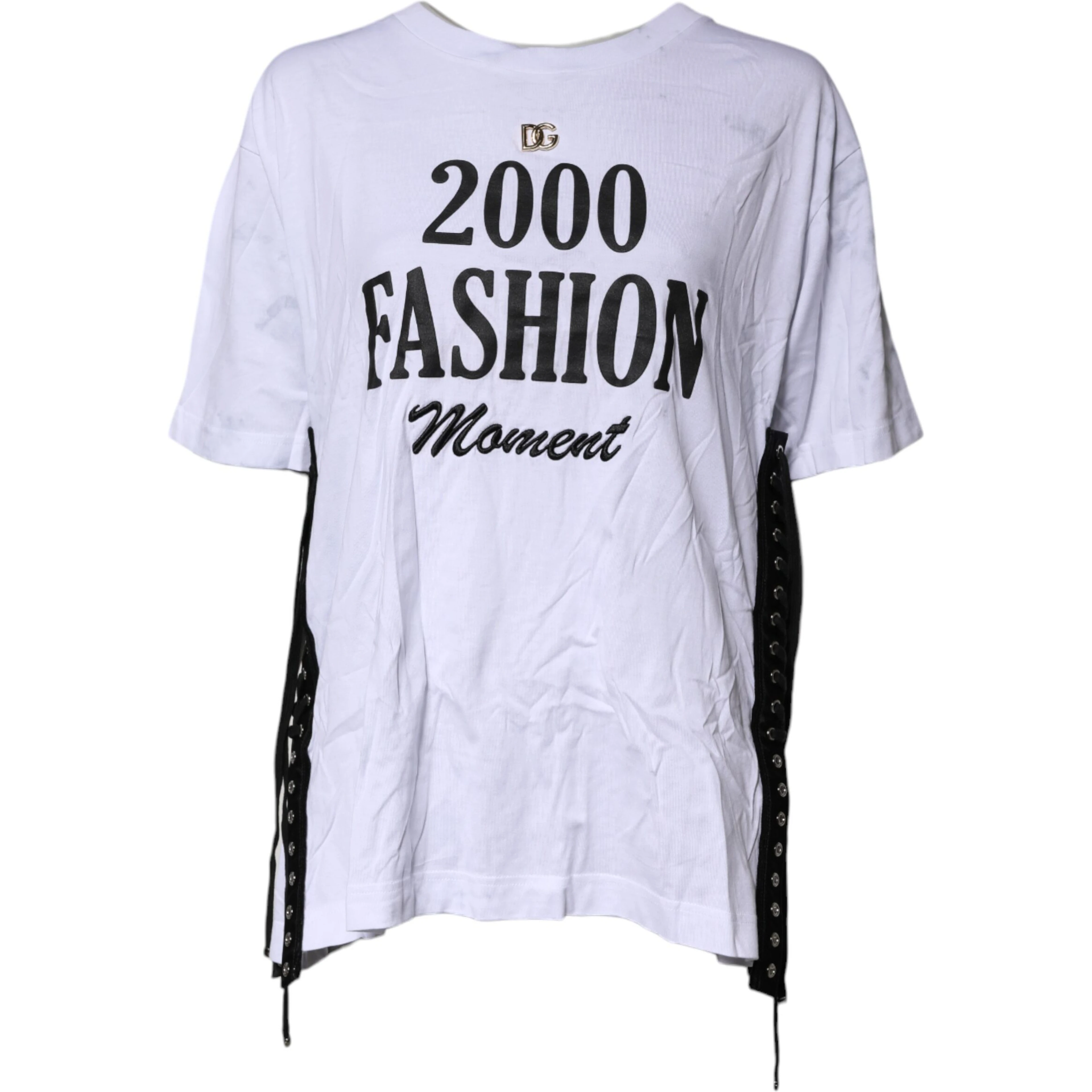 White Print Lace-Up Cotton Crew Neck T-shirt