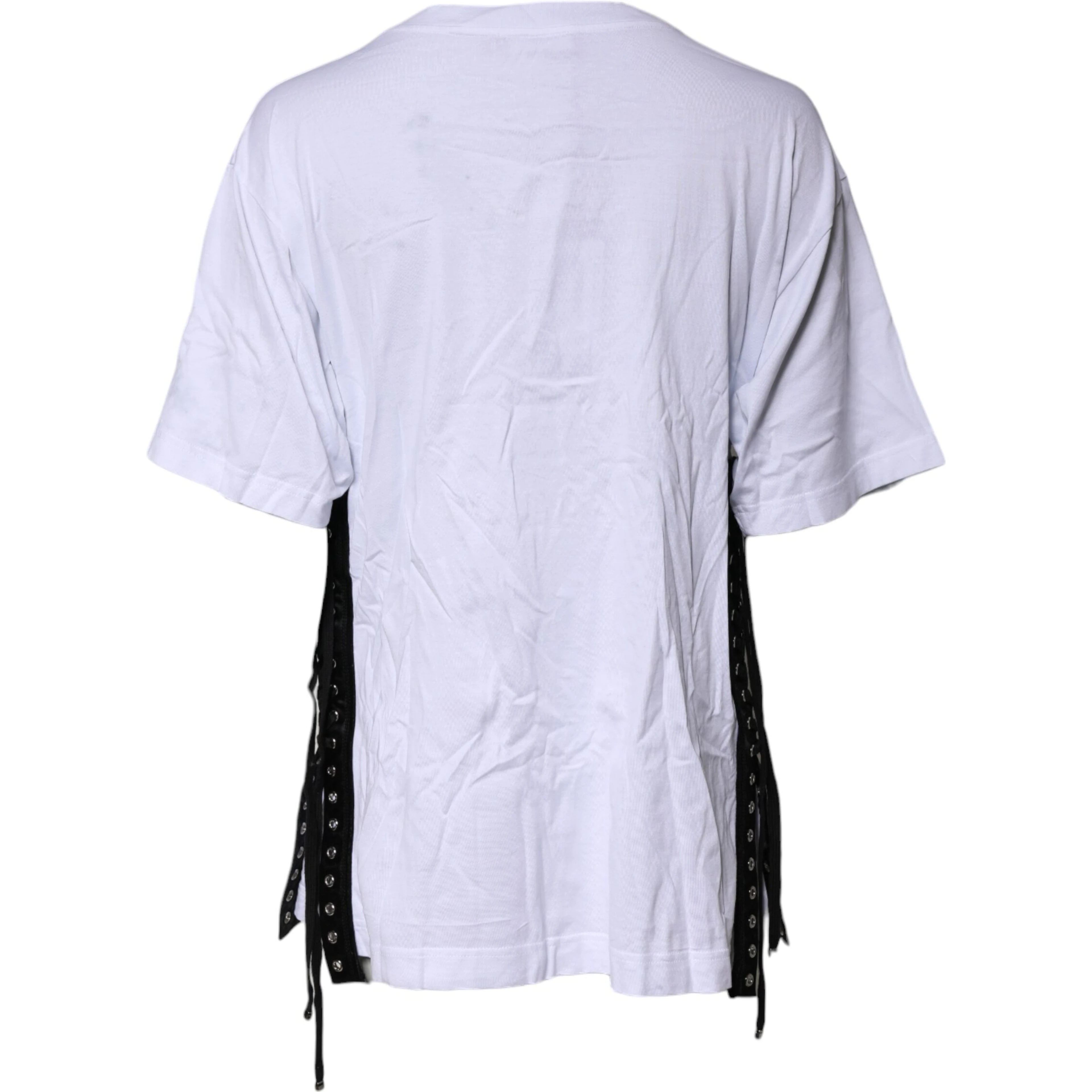White Print Lace-Up Cotton Crew Neck T-shirt