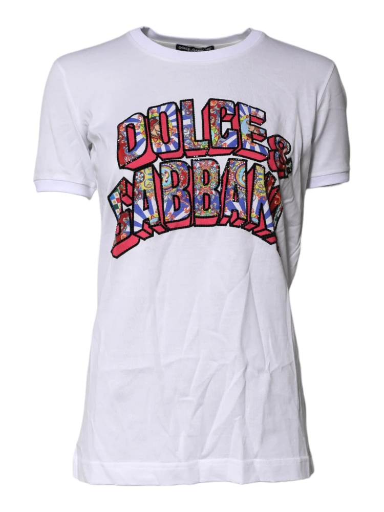 White Cotton Logo Print Round Neck T-shirt