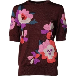 Maroon Floral Silk Crew Neck Blouse Top