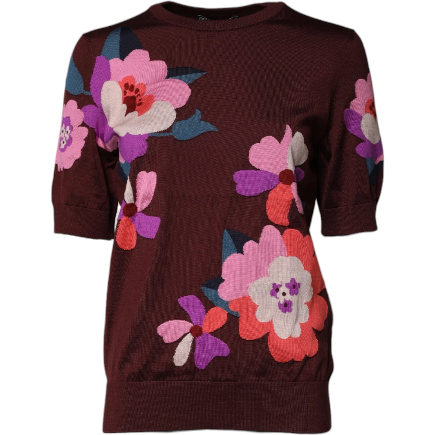 Maroon Floral Silk Crew Neck Blouse Top