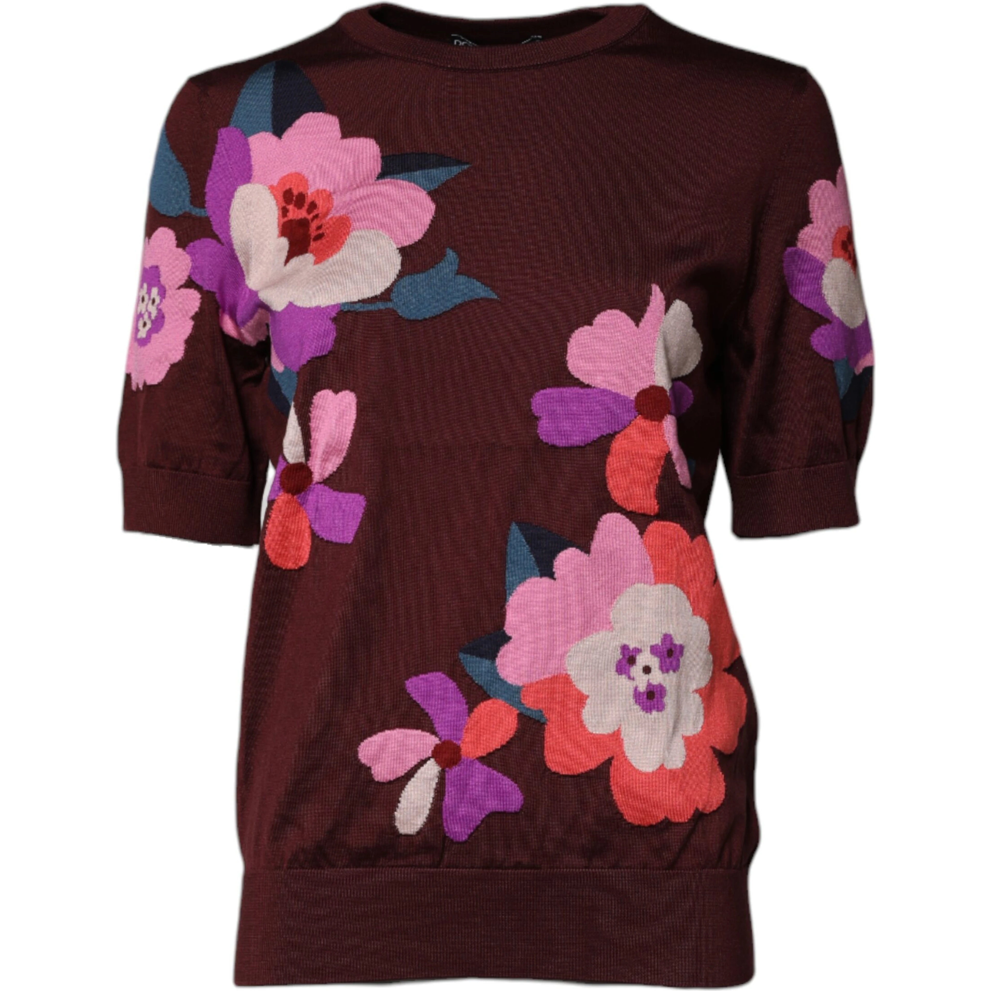 Maroon Floral Silk Crew Neck Blouse Top