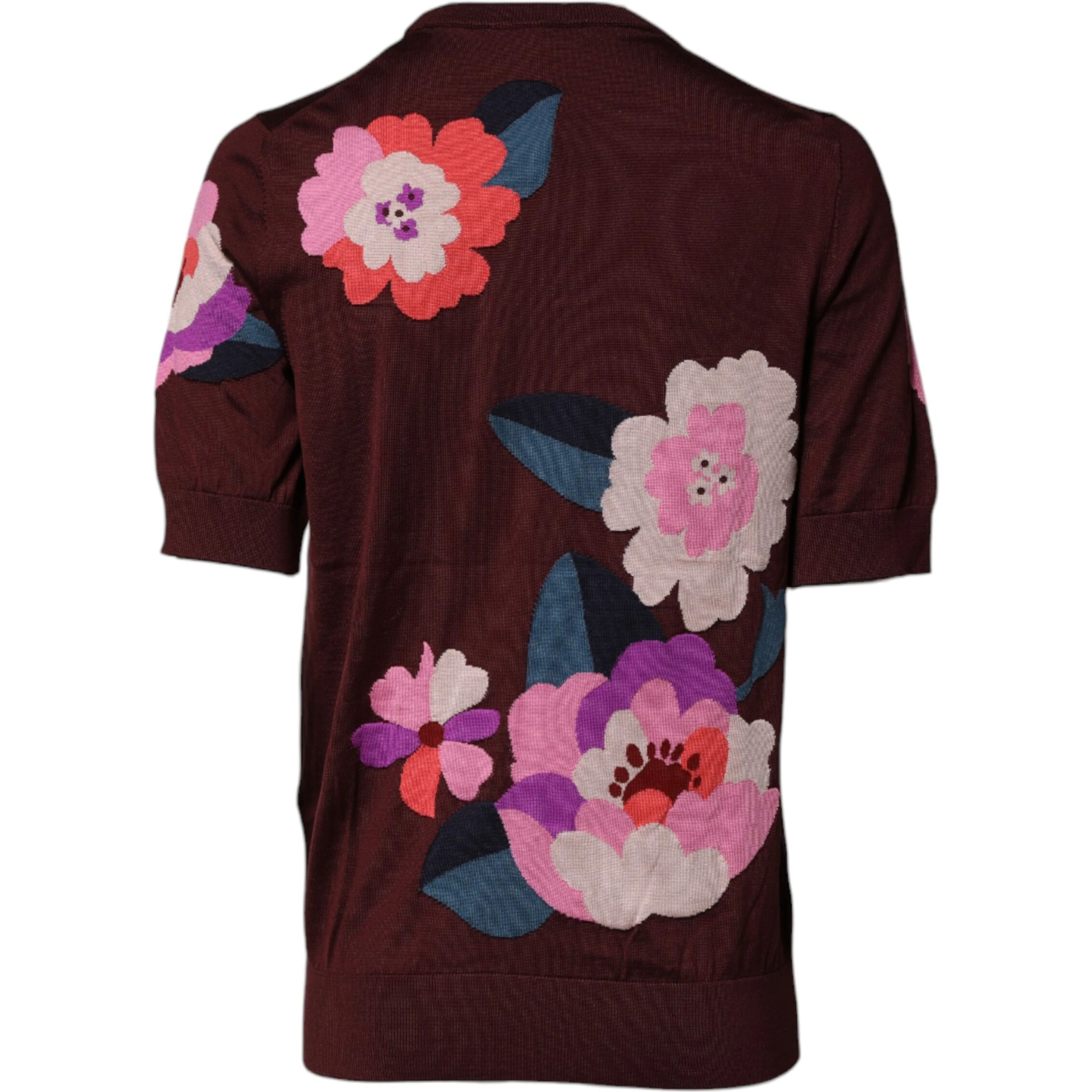 Maroon Floral Silk Crew Neck Blouse Top