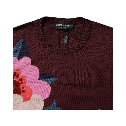 Maroon Floral Silk Crew Neck Blouse Top