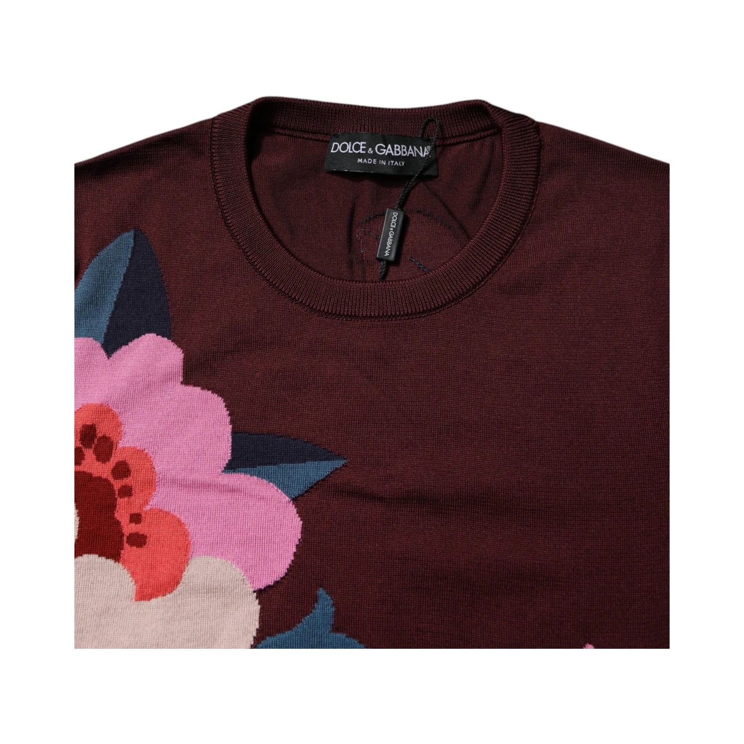 Maroon Floral Silk Crew Neck Blouse Top