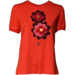 Red Floral Embroidery Cotton Crew Neck T-shirt