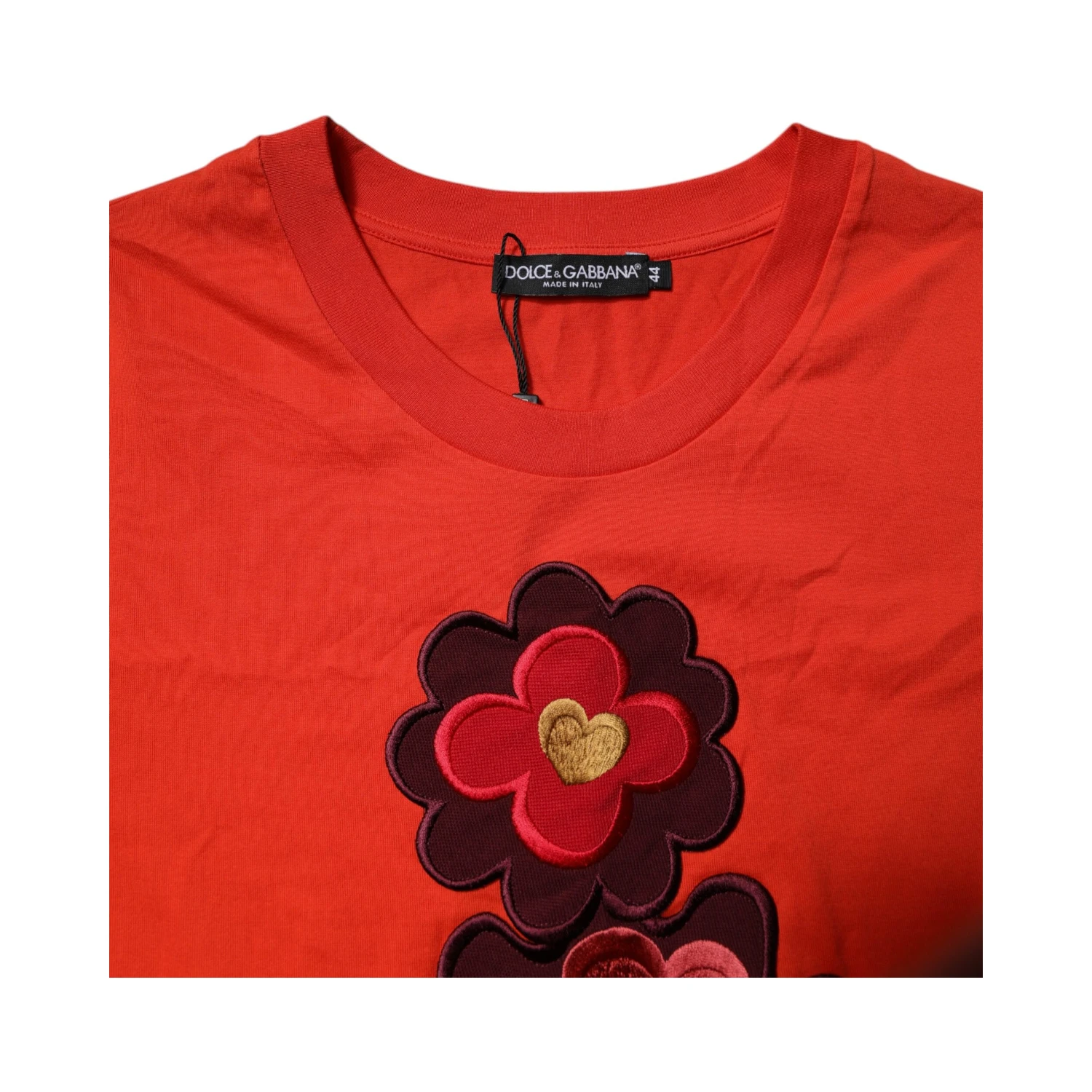 Red Floral Embroidery Cotton Crew Neck T-shirt