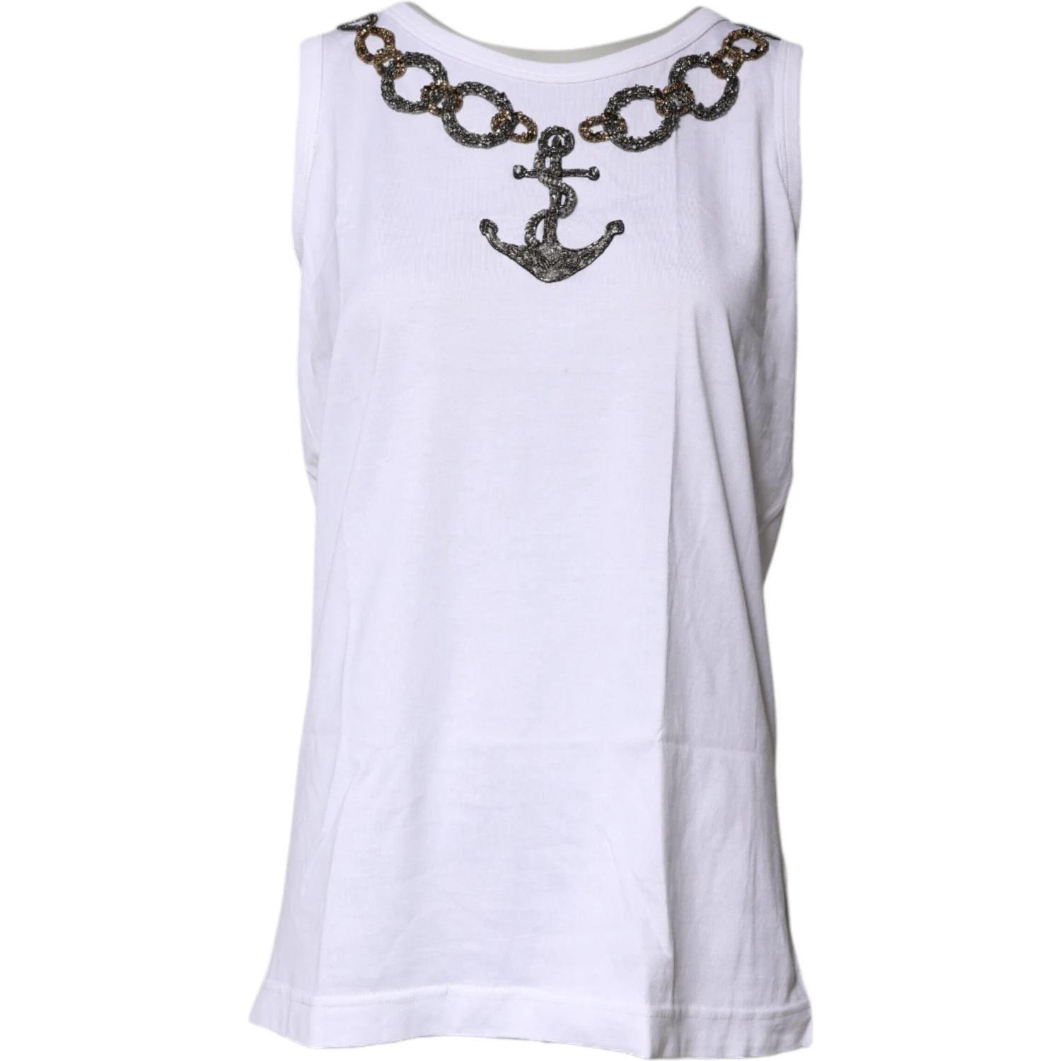 White Cotton Anchor Chain Embroidery Tank Top