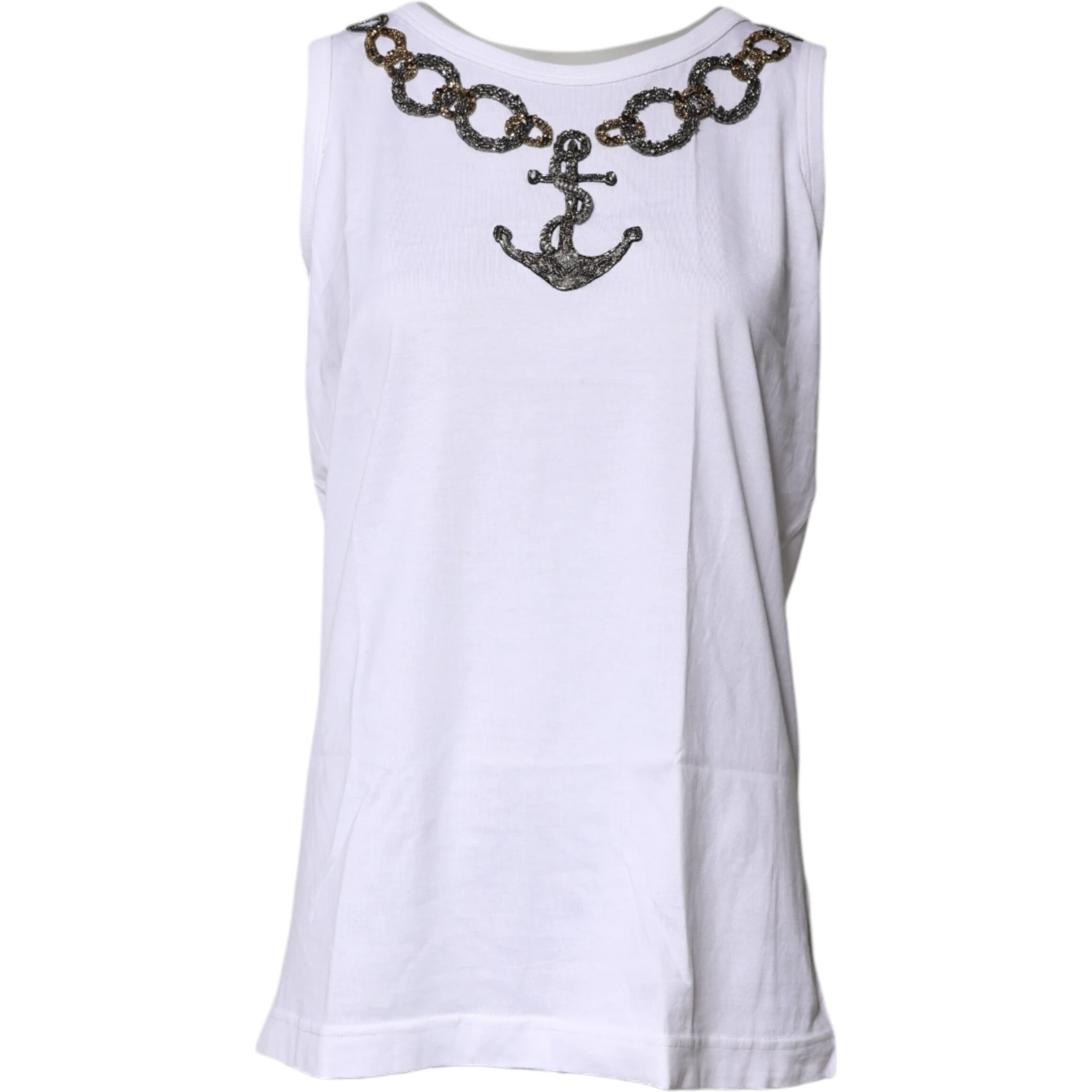 White Cotton Anchor Chain Embroidery Tank Top