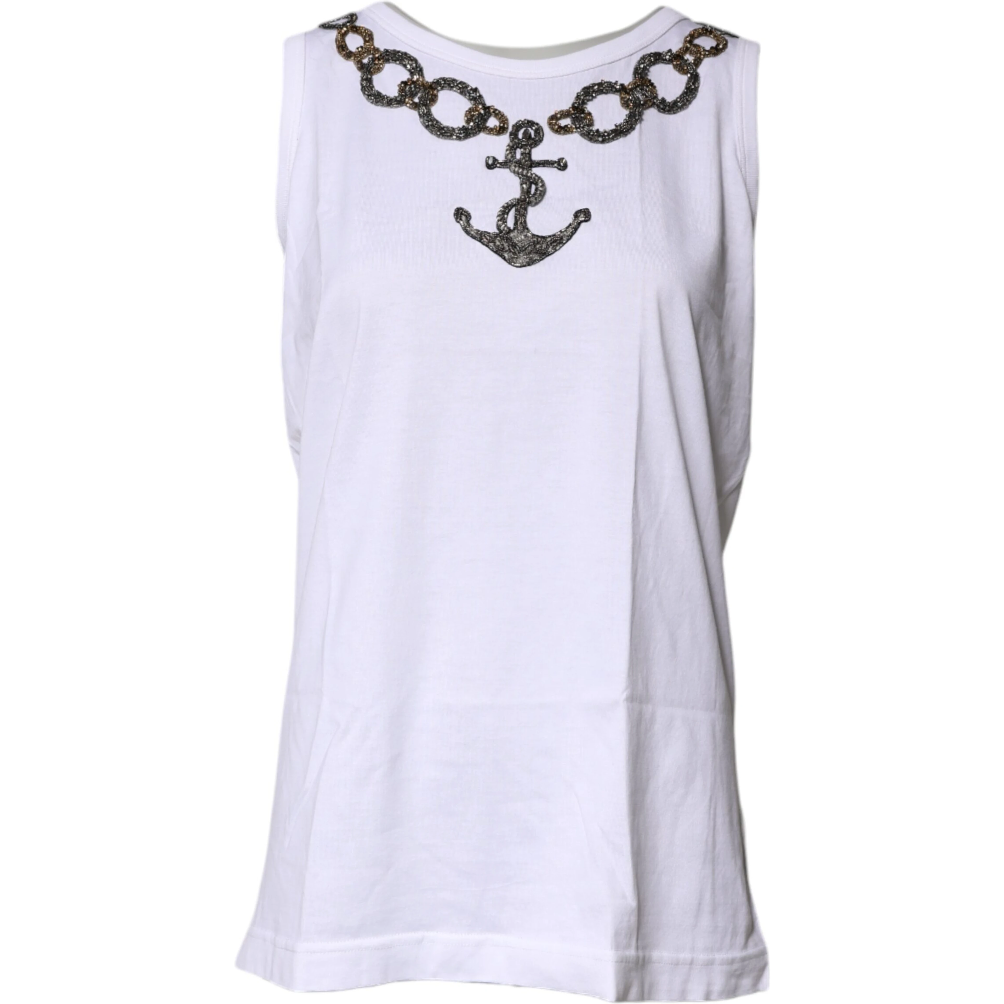 White Cotton Anchor Chain Embroidery Tank Top
