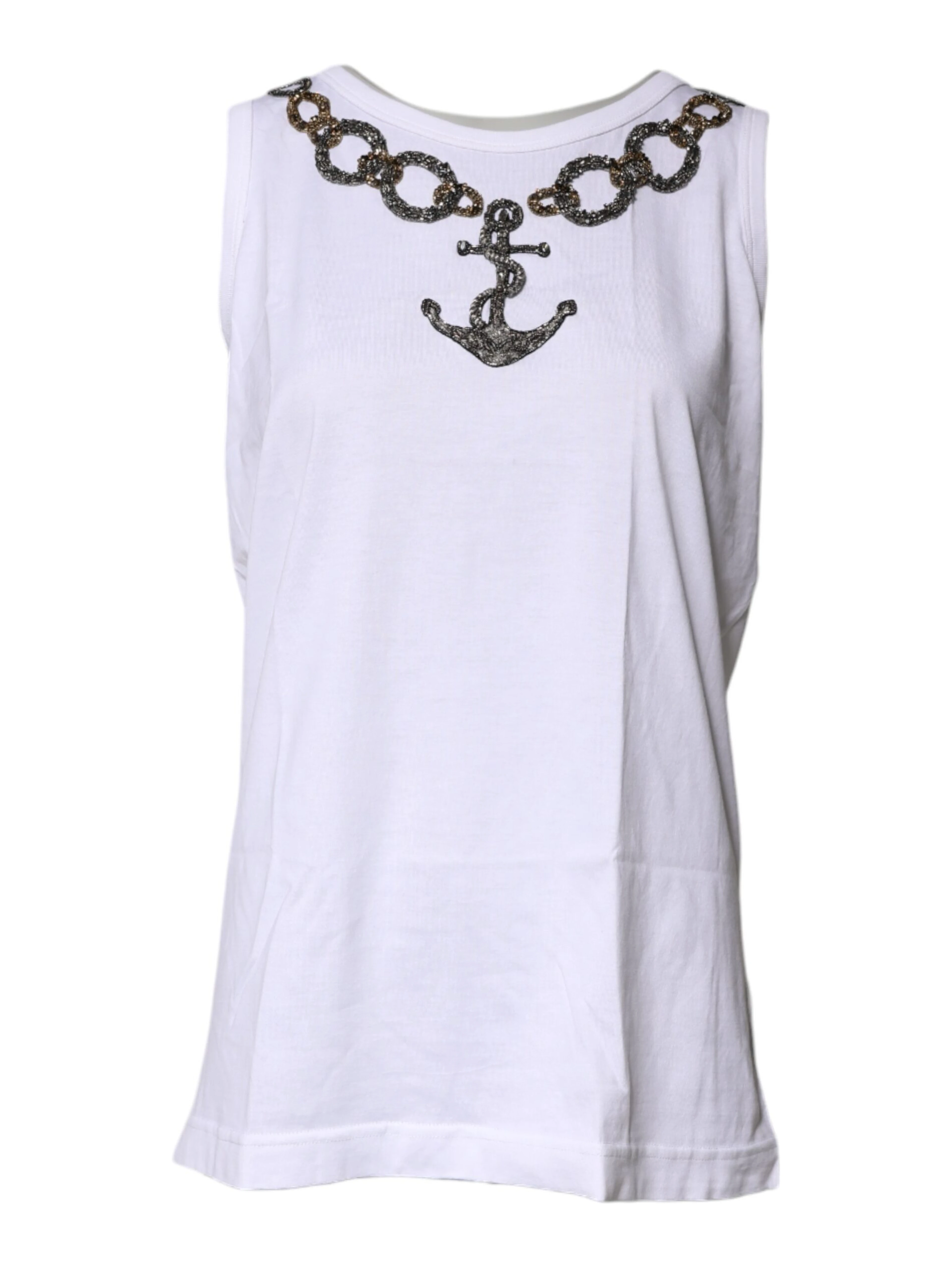 White Cotton Anchor Chain Embroidery Tank Top