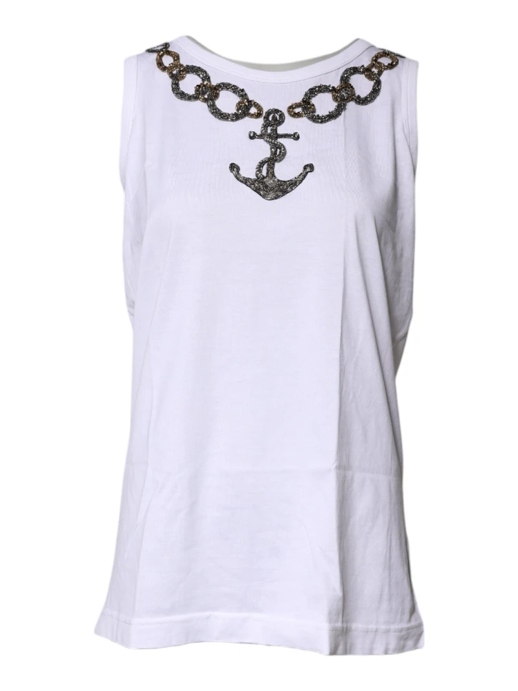 White Cotton Anchor Chain Embroidery Tank Top alternative