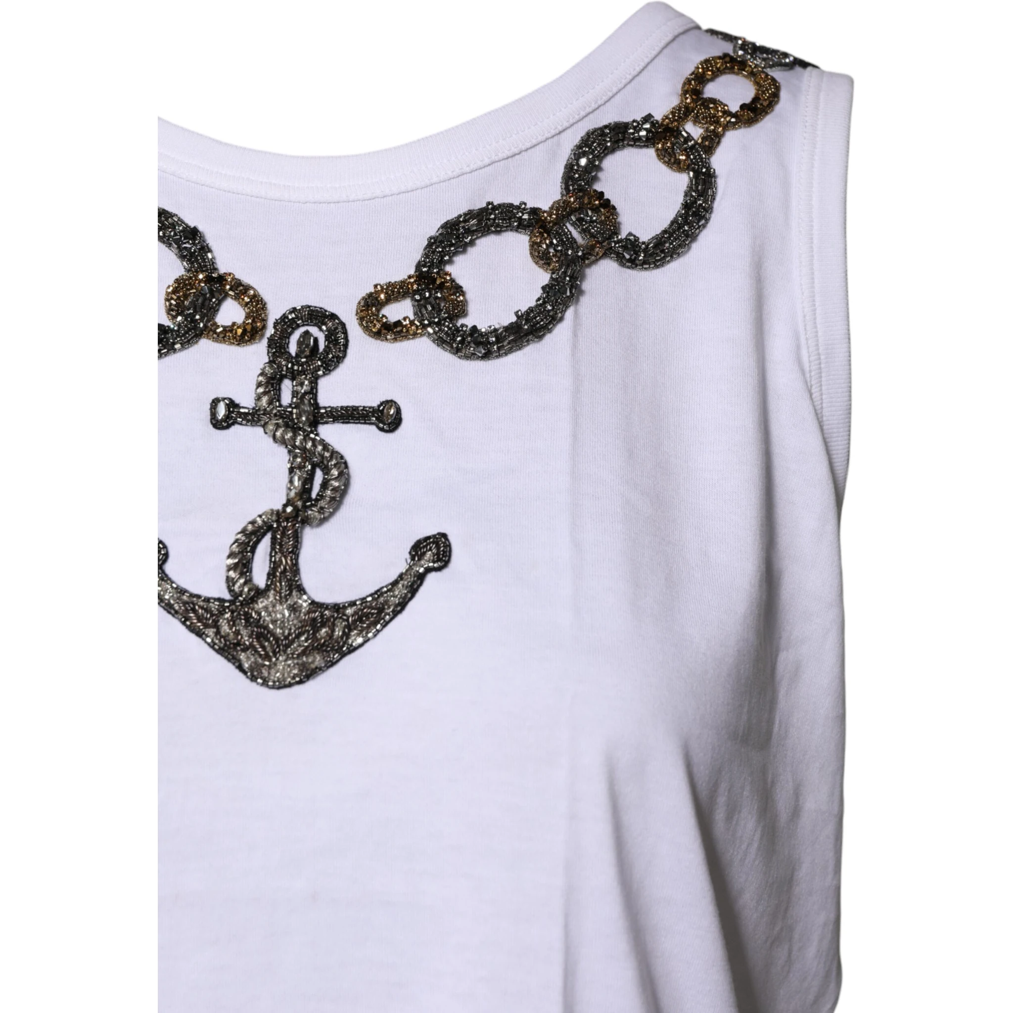 White Cotton Anchor Chain Embroidery Tank Top