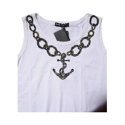 White Cotton Anchor Chain Embroidery Tank Top