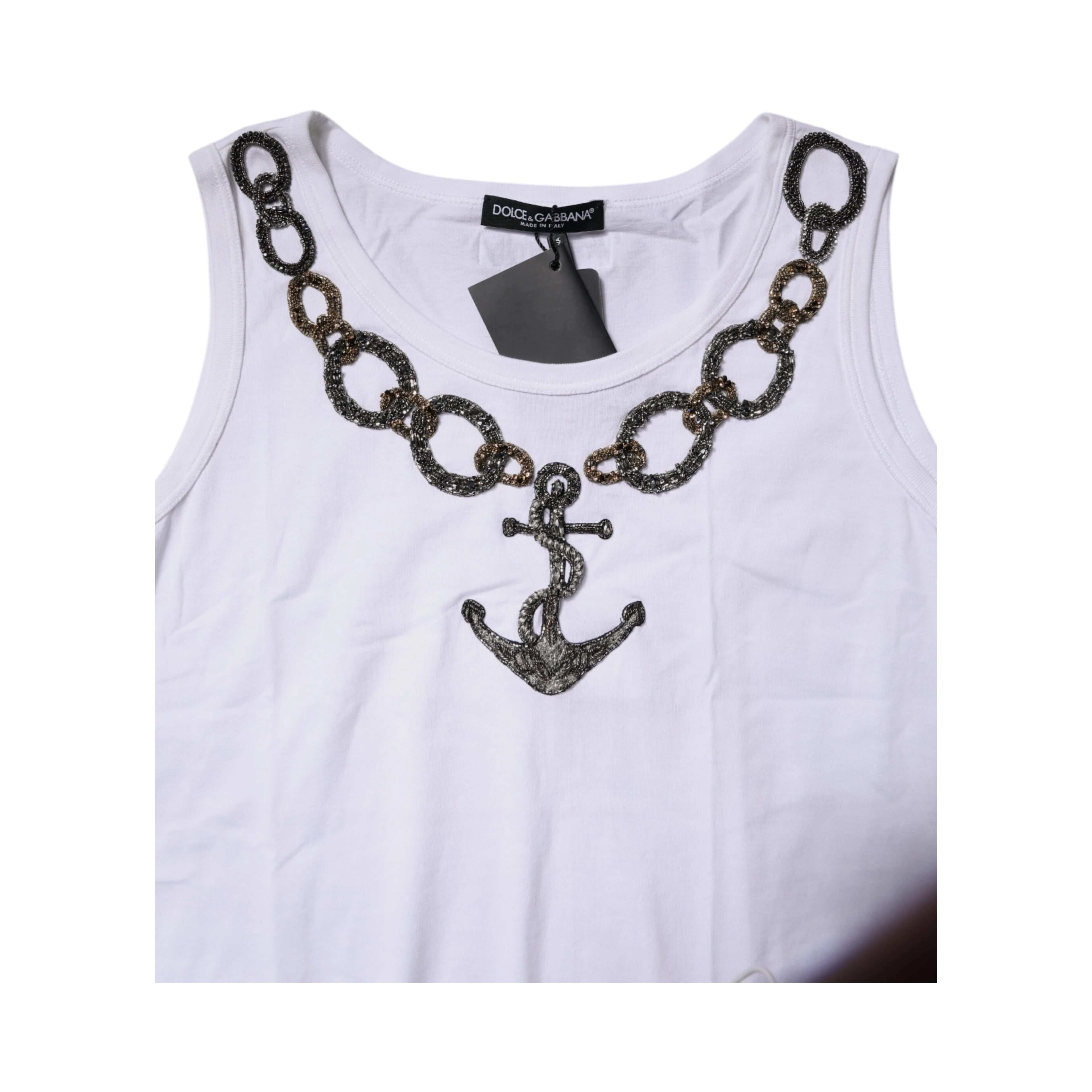 White Cotton Anchor Chain Embroidery Tank Top