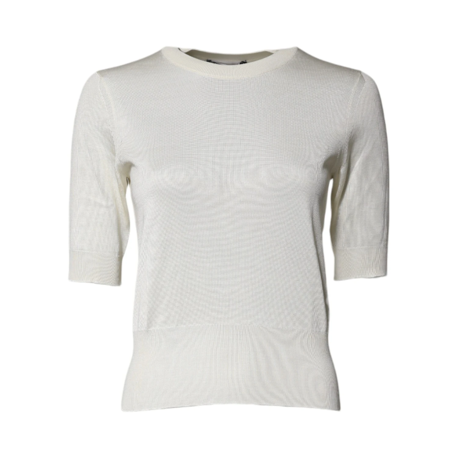 Cream Short Sleeve Silk Round Neck Blouse Top