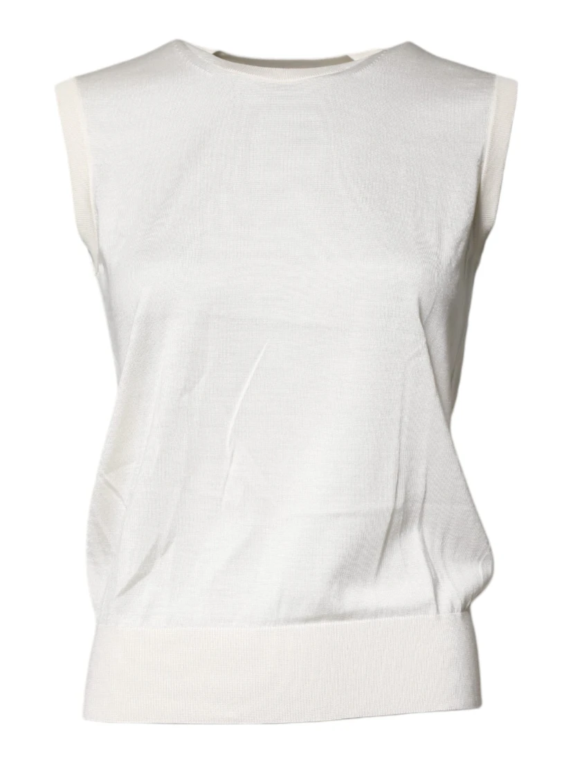 Cream Sleeveless Silk Round Neck Tank Top