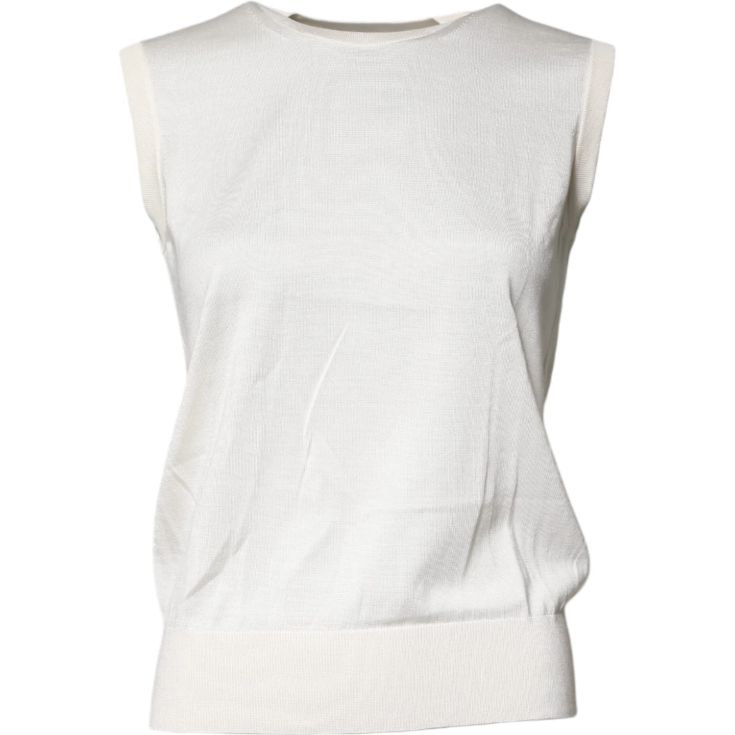 Cream Sleeveless Silk Round Neck Tank Top