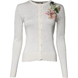 Cream Floral Silk Embellished Cardigan Sweater