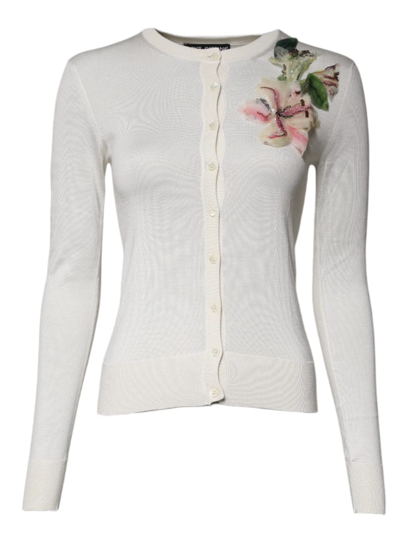 Cream Floral Silk Embellished Cardigan Sweater
