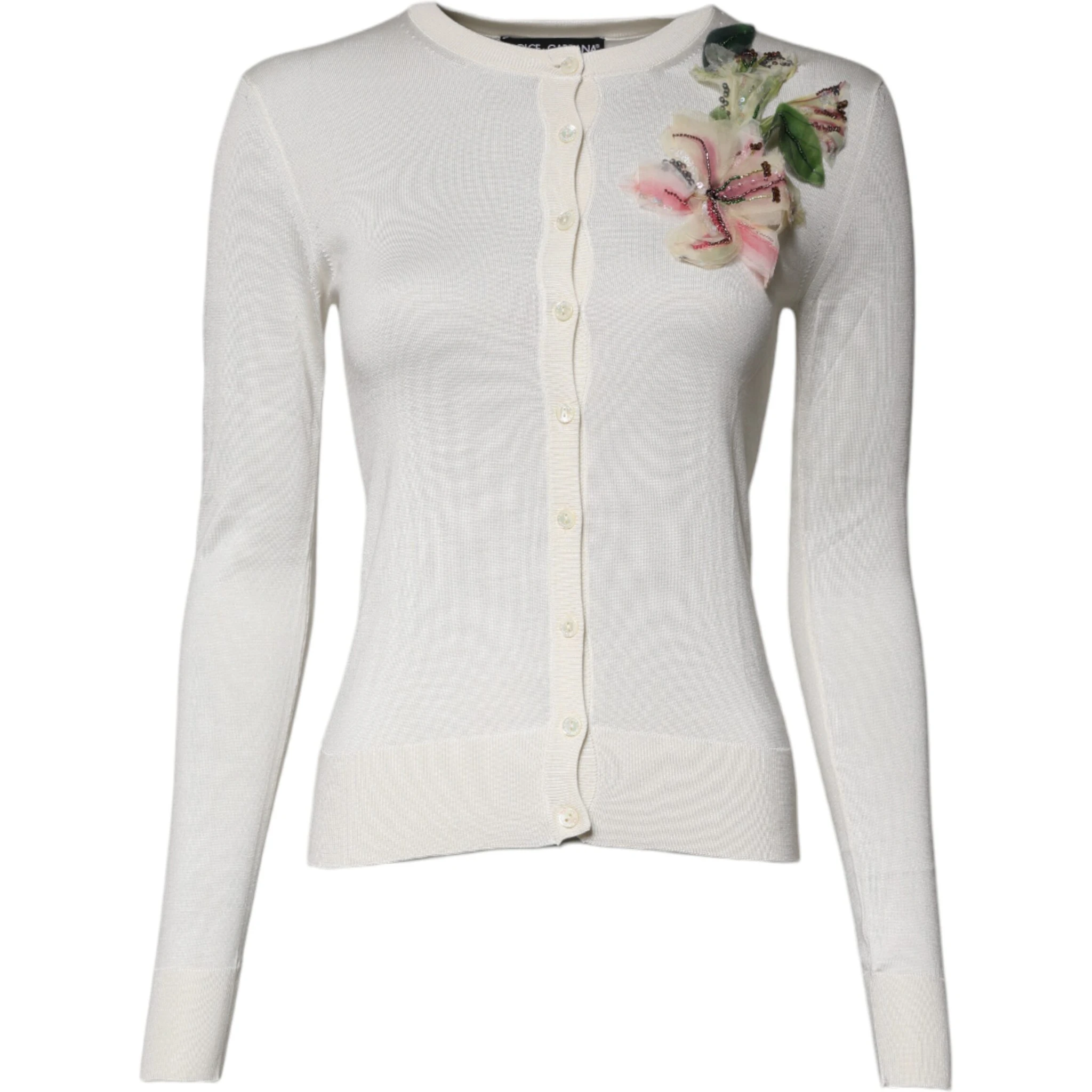 Cream Floral Silk Embellished Cardigan Sweater