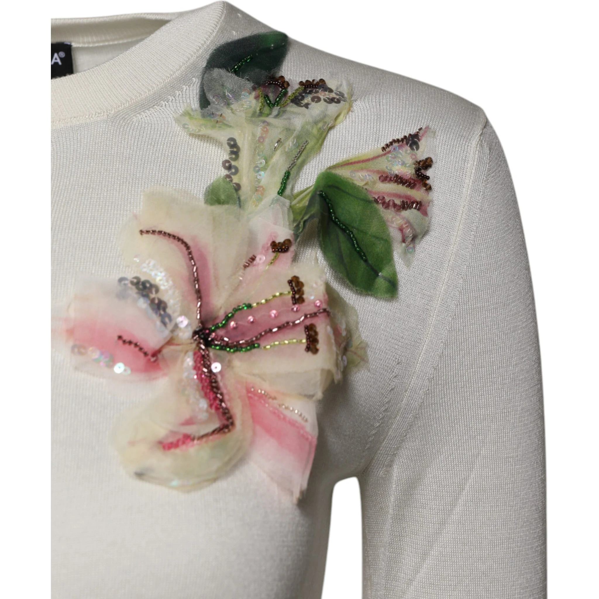 Cream Floral Silk Embellished Cardigan Sweater