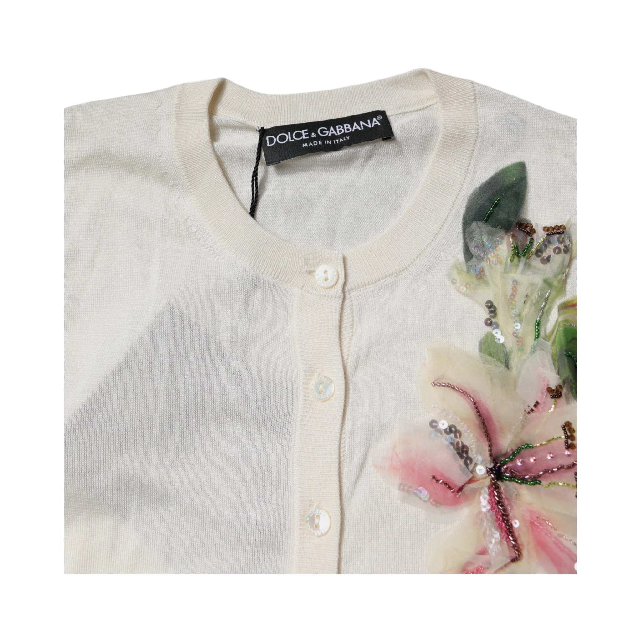 Cream Floral Silk Embellished Cardigan Sweater