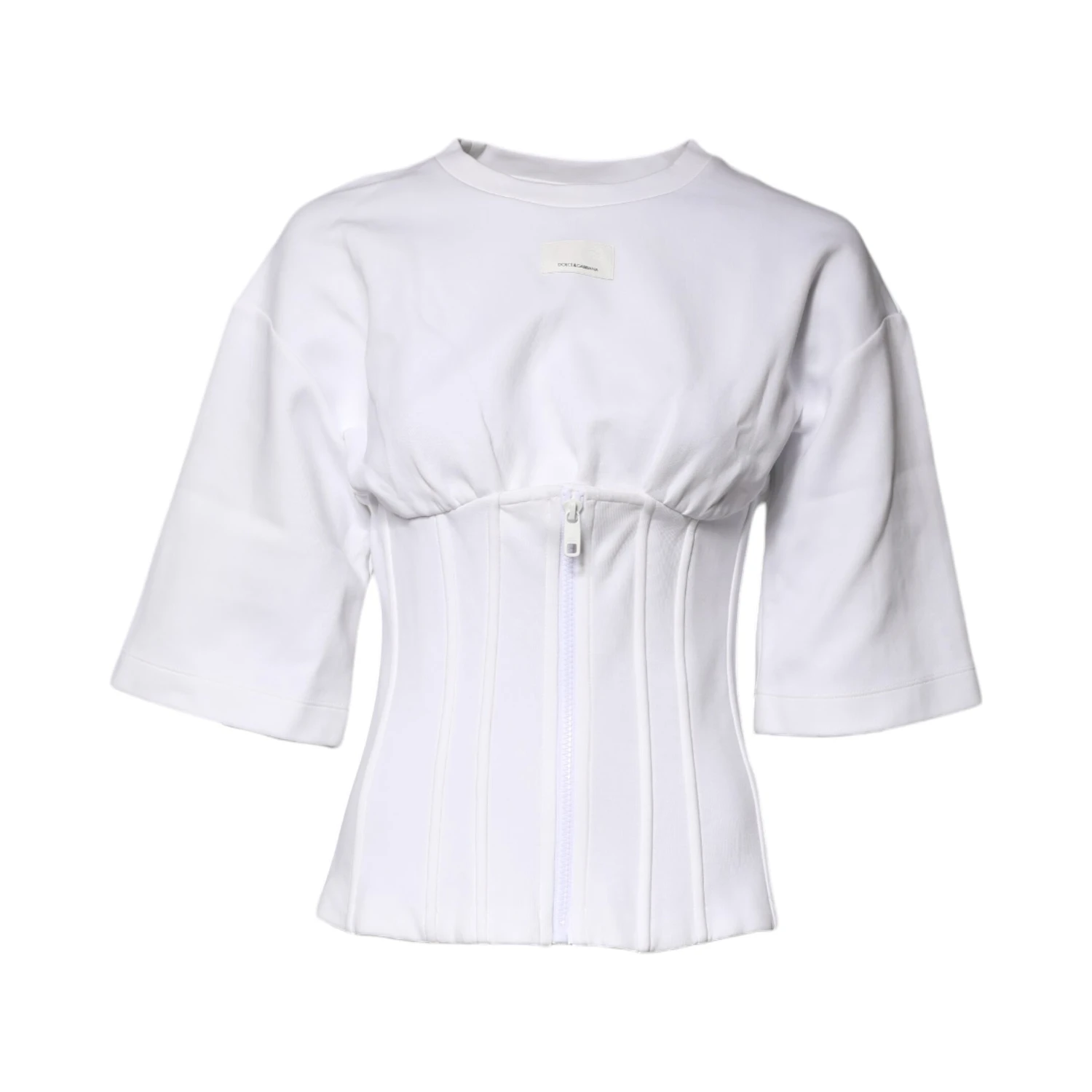 White Cotton Blend 3/4 Sleeves Blouse Top