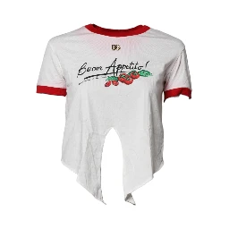 White Printed Round Neck Cropped Top T-shirt