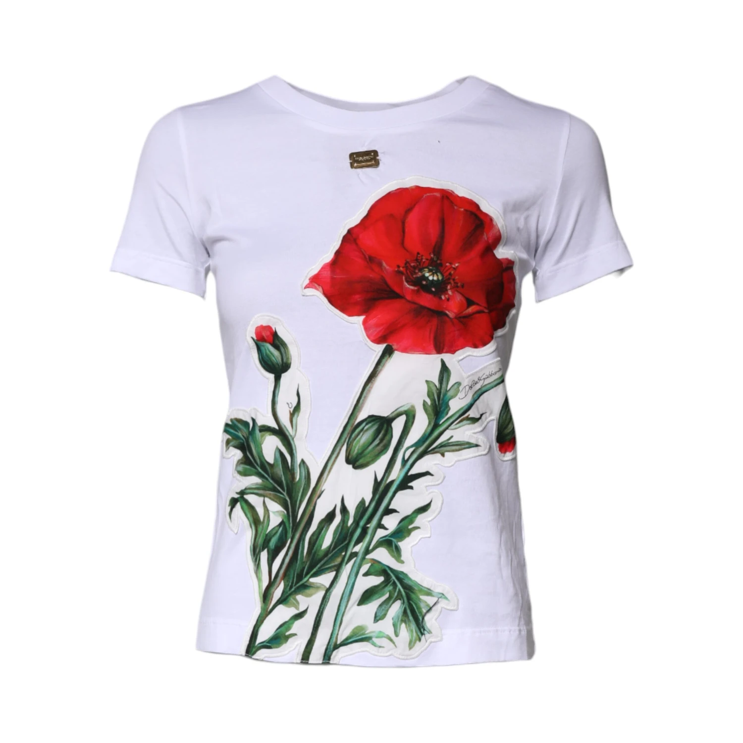 White Floral Print Cotton Crew Neck T-shirt