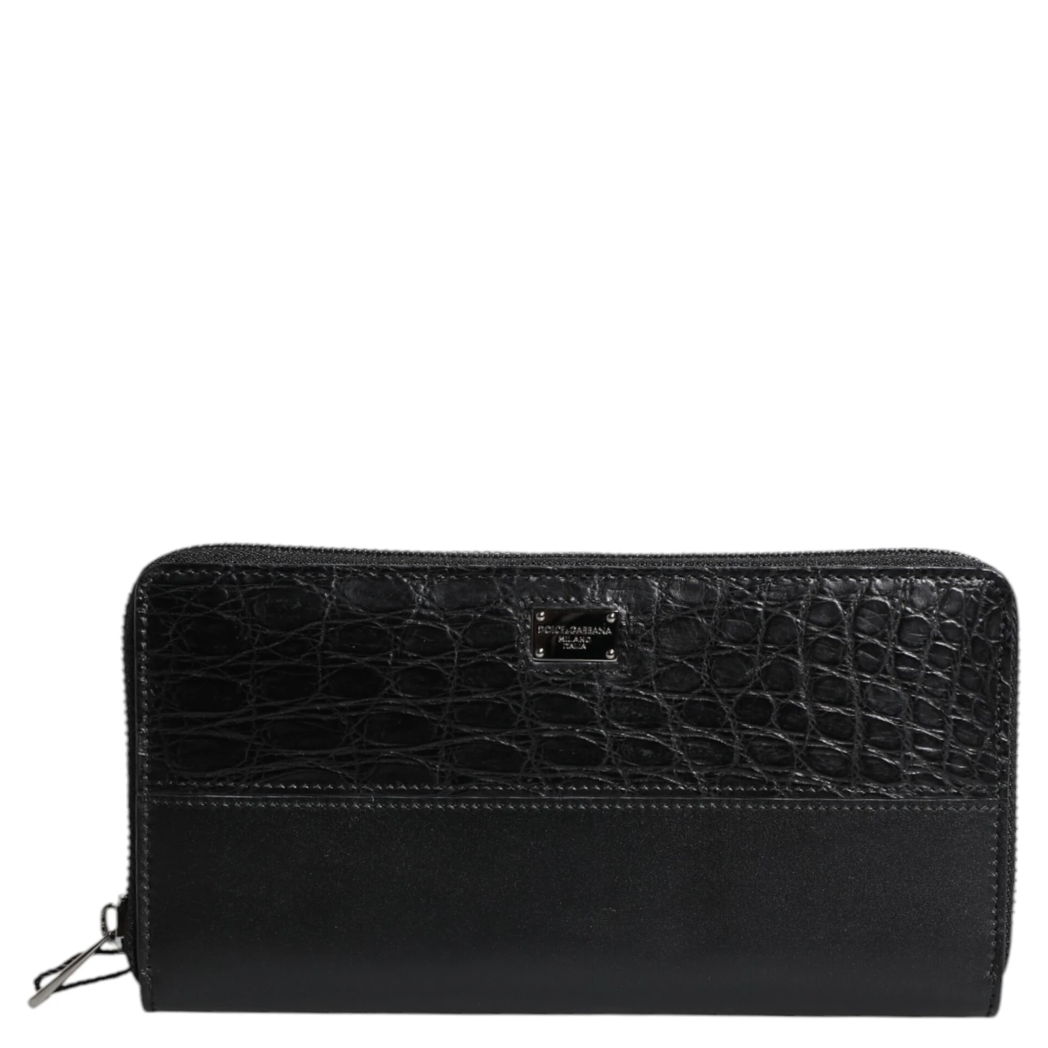 Black Leather Logo Plaque Zip Around Continental Wallet