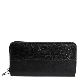 Black Leather Logo Plaque Zip Around Continental Wallet