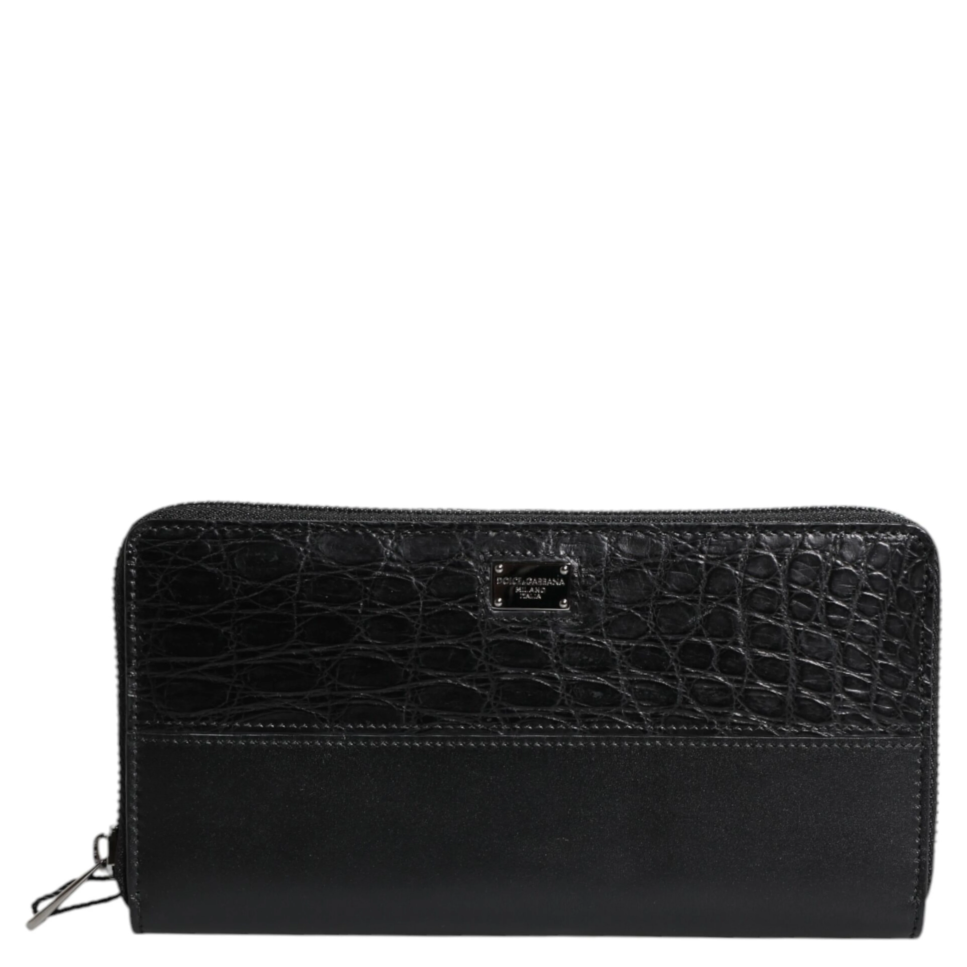 Black Leather Logo Plaque Zip Around Continental Wallet