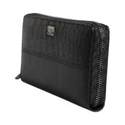 Black Leather Logo Plaque Zip Around Continental Wallet