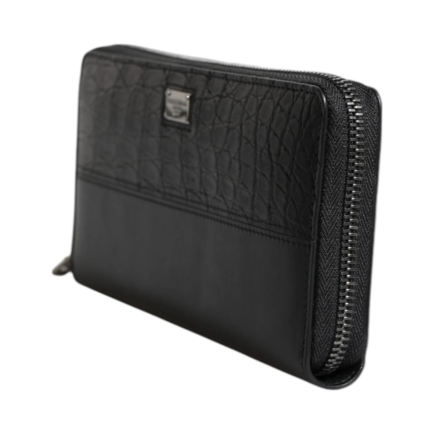 Black Leather Logo Plaque Zip Around Continental Wallet