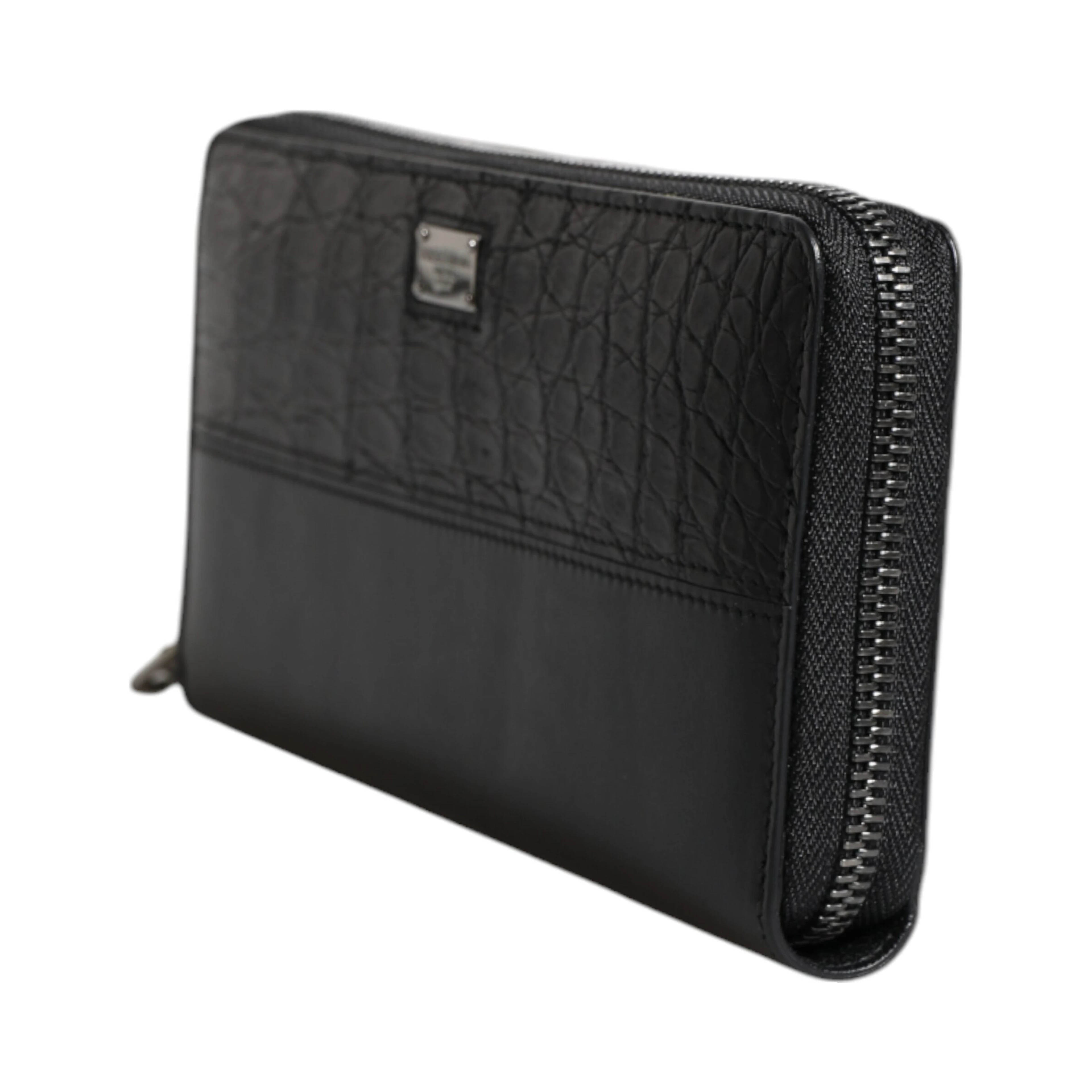 Black Leather Logo Plaque Zip Around Continental Wallet