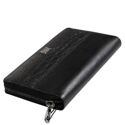 Black Leather Logo Plaque Zip Around Continental Wallet
