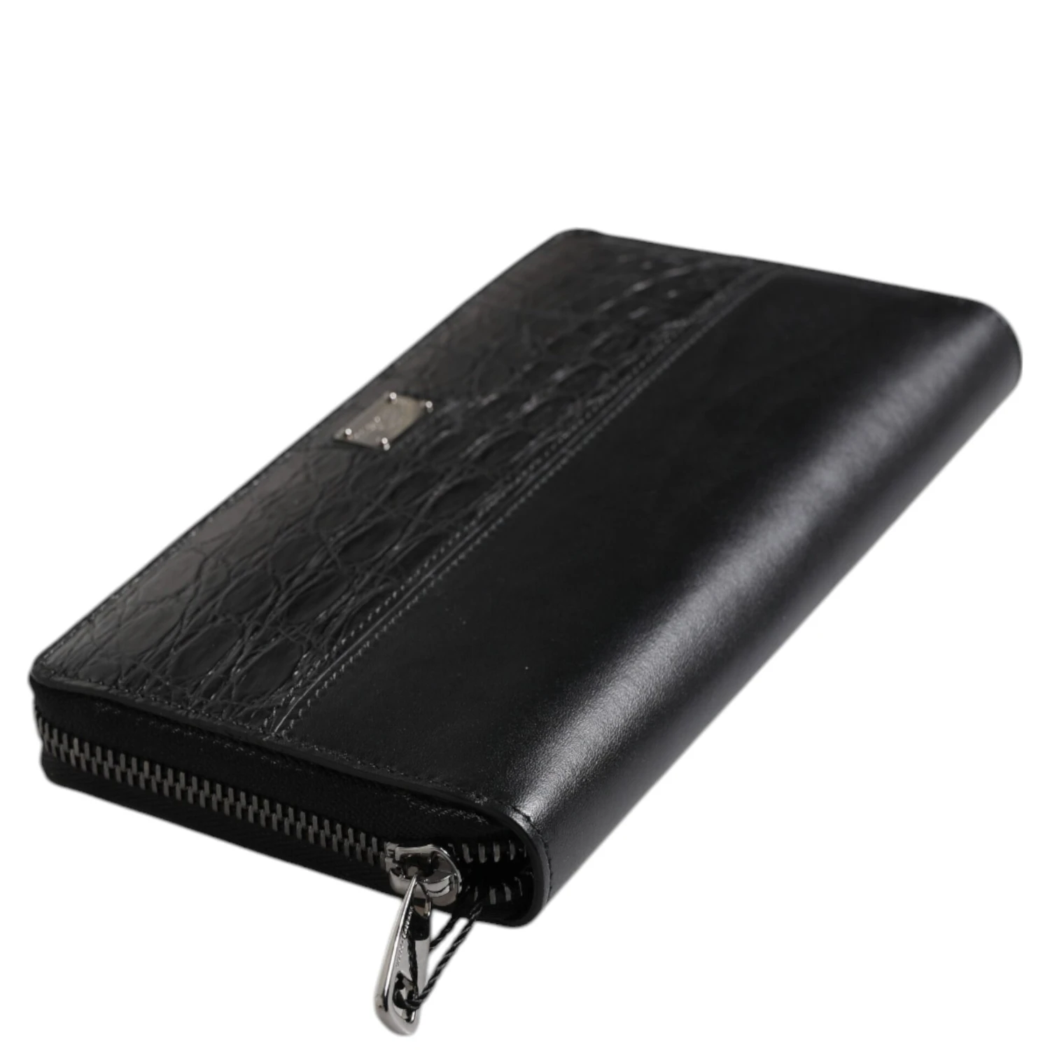 Black Leather Logo Plaque Zip Around Continental Wallet