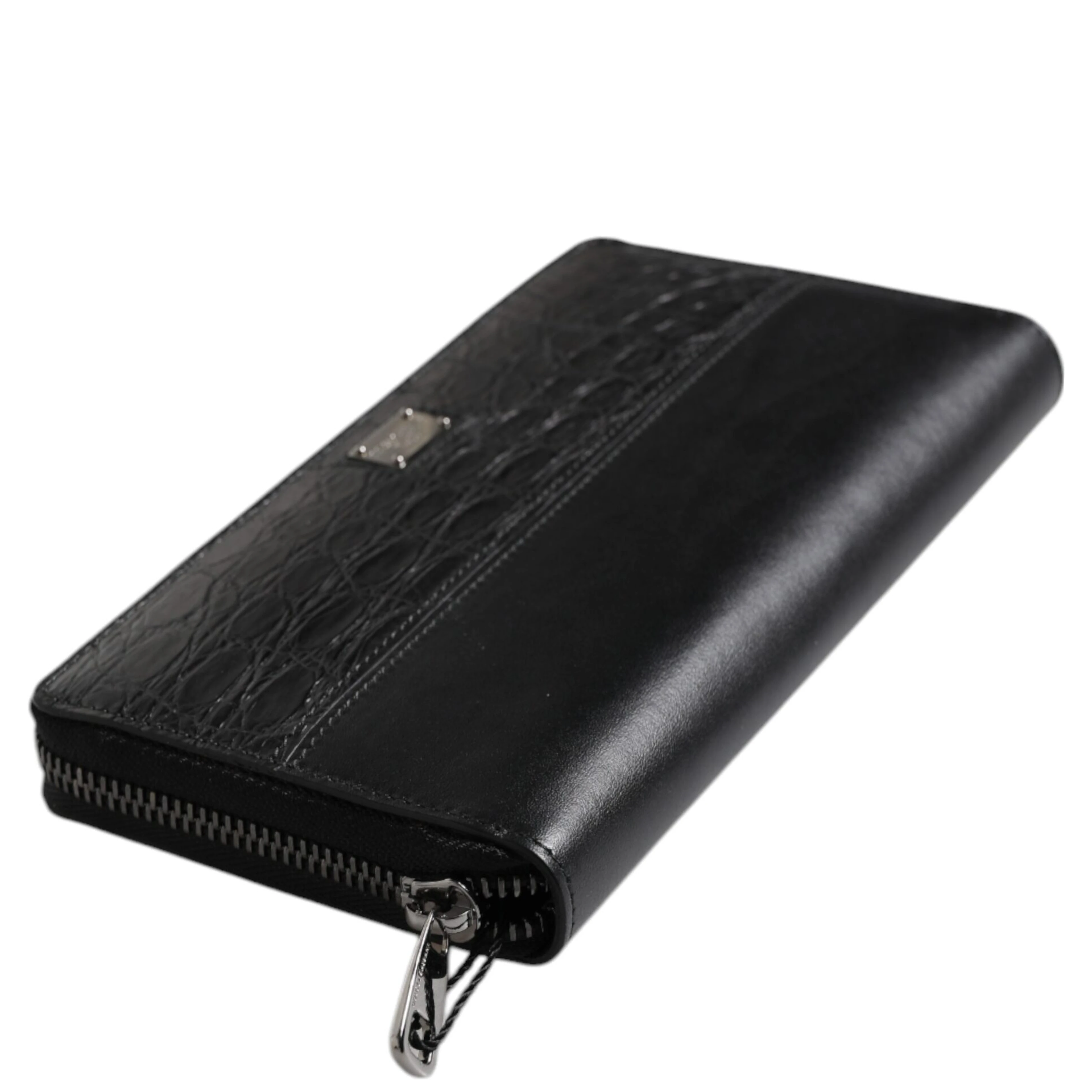 Black Leather Logo Plaque Zip Around Continental Wallet