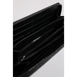 Black Leather Logo Plaque Zip Around Continental Wallet