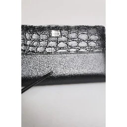 Black Leather Logo Plaque Zip Around Continental Wallet