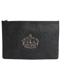Black Calfskin Crown Embellished Clutch Pouch Bag